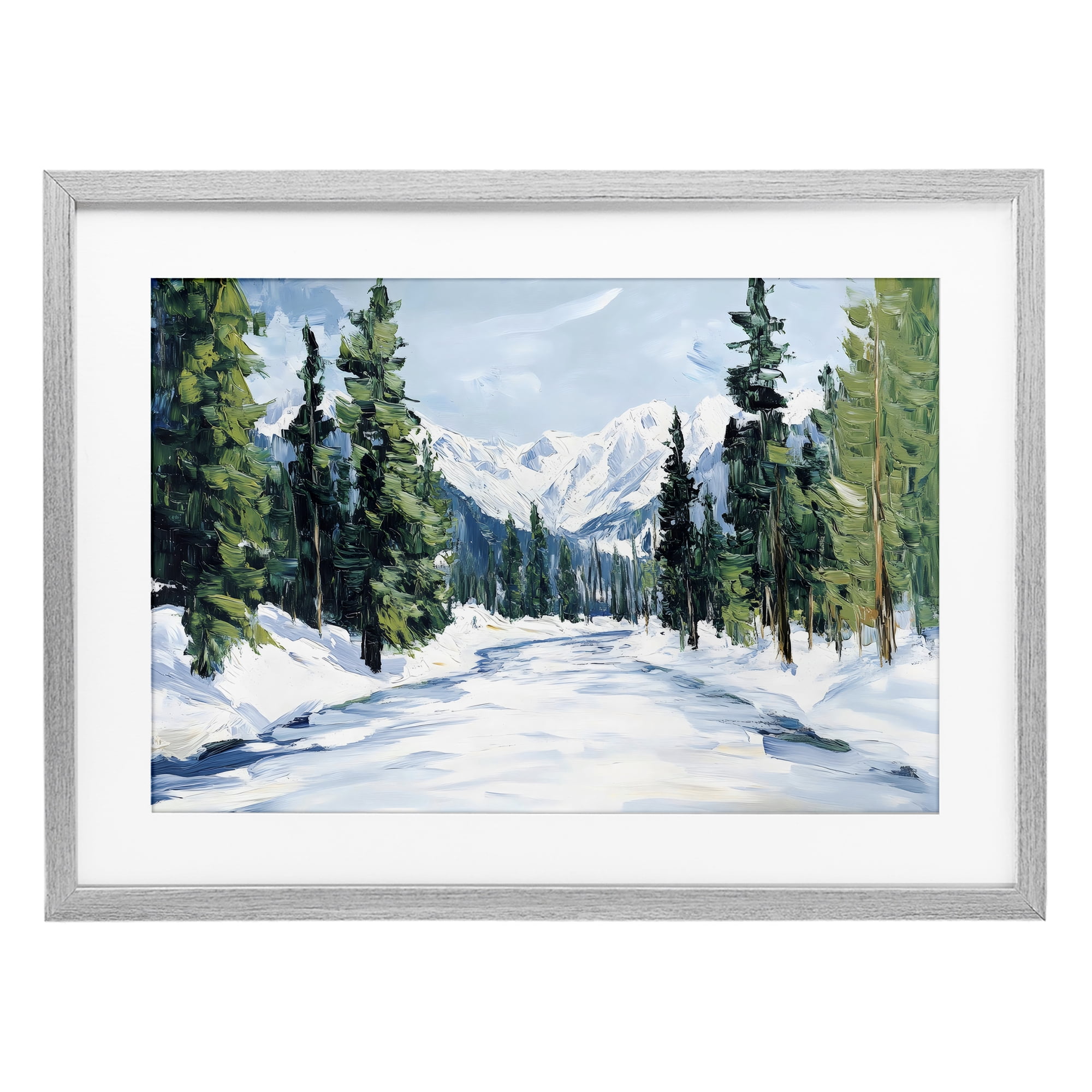 Snowy Tall Tree Pass Gray Framed Print Under Glass, design by Petal Prints Design