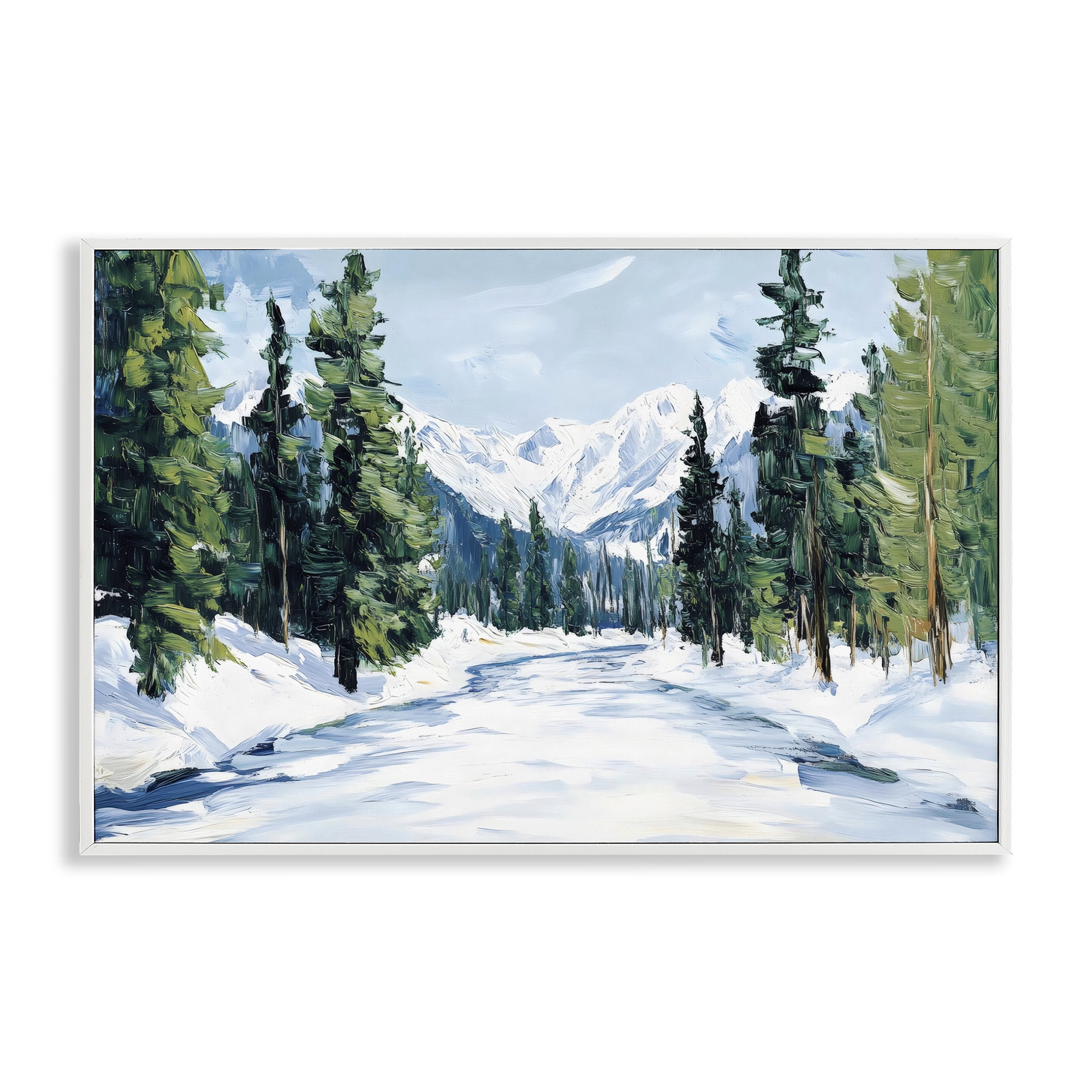Snowy Tall Tree Pass White Framed Giclee Art, design by Petal Prints Design