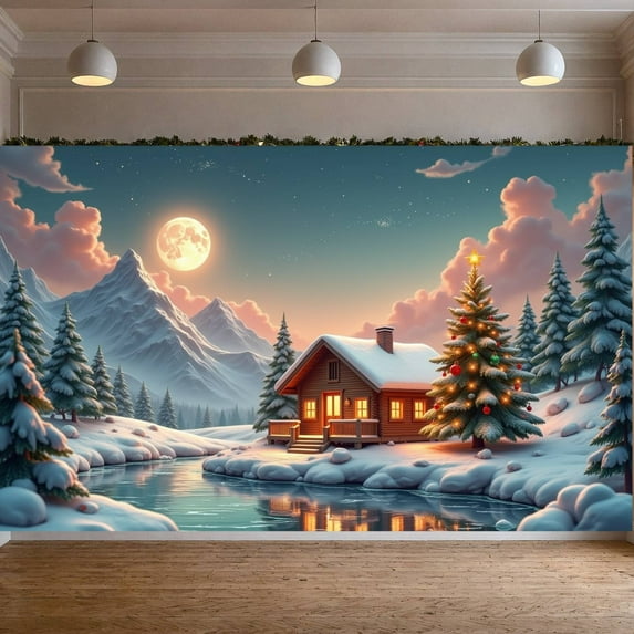 Snowy Theme Christmas Banner Christmas Tree Decor Winter Display Full Moon Design Mountain View Snowy Backdrop for Christmas Party Winter Holiday Home Decoration
