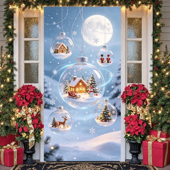 Snowy Theme Christmas Banner LED Light Effect Winter Scene Background Frosty Appearance Colorful Ornaments Holiday Photo Backdrop for Christmas Party Home Decoration Holiday Photo Shoot
