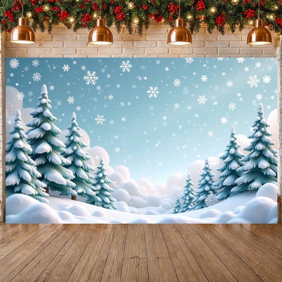 Snowy Theme Christmas Banner Pine Tree Design Winter Display Blue Background White Snowflakes Snowy Backdrop for Christmas Celebration Winter Party Home Decoration