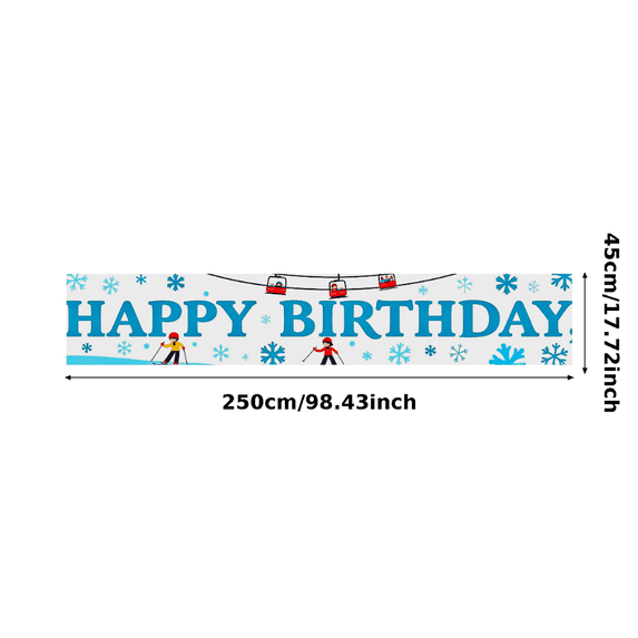 Snowy Theme Happy Birthday Banner with Skiers and Gondolas Backdrop Background Party Decorations for Birthday Party Photography Props Indoor Outdoor Celebrations
