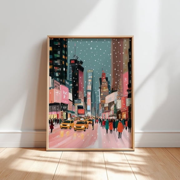 Snowy Times Square Poster, Pastel Nyc Decor, Unframed Canvas Size 12x18