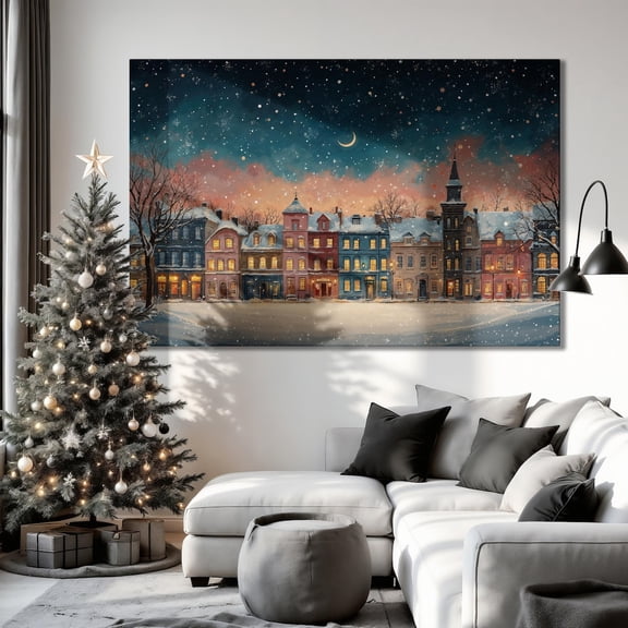 Snowy Town Winter Scene Wall Art Winter Festive Night Print Cozy Festive Wall Decor Festive Cityscape Poster Ready to Hang Gift, Unframed Poster Size 8x12