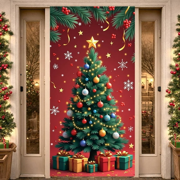 Snowy Tree Christmas Tree Banner Golden Lights Holiday Display Decorative Ornaments Sparkling Snowflakes Xmas Backdrop for Christmas Party Home Decoration Holiday Gathering