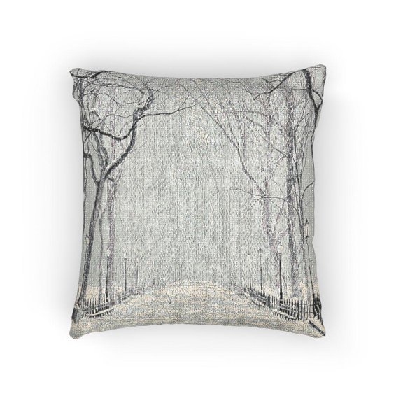 Snowy Tree-Lined Park Path Black, Gray and White Woven Pillow, Cotton-Polyester Winter Landscape