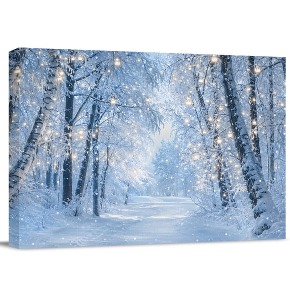 Snowy Trees Canvas Wall Art, Christmas Winter Forest Glowing Lights Snowflakes Wall Art Prints Artwork Framed Canvas Ready to Hang Art Pictures for Living Dining Room Bedroom Hallway 24" x 18"
