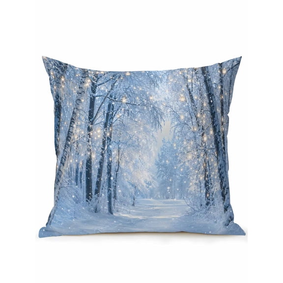 Snowy Trees Outdoor Throw Pillow with Insert, 16"x16" Christmas Winter Forest Glowing Lights Snowflakes Waterproof Decorative Square Patio Pillows for Outside Furniture, Sofa, Porch, Garden