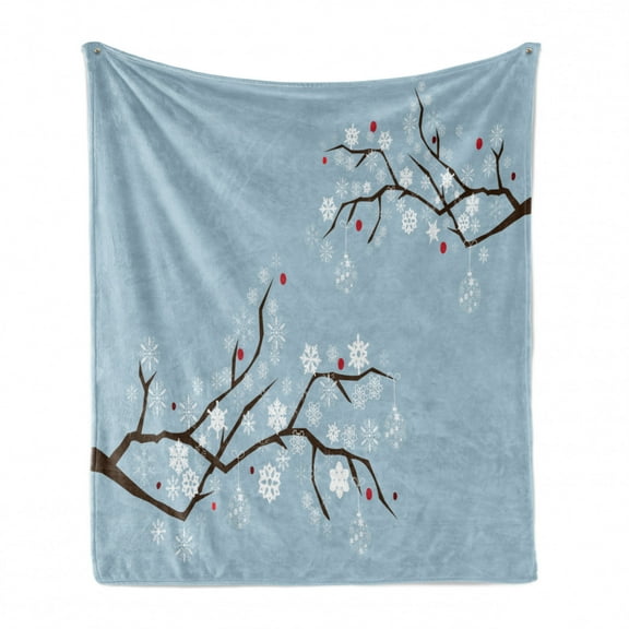 Snowy Trees Soft Flannel Fleece Throw Blanket, Christmas Design of Branches Detailed with Snowflakes, Cozy Plush for Indoor and Outdoor Use, 70" x 90", Blue Grey Dark Cocoa, by Ambesonne