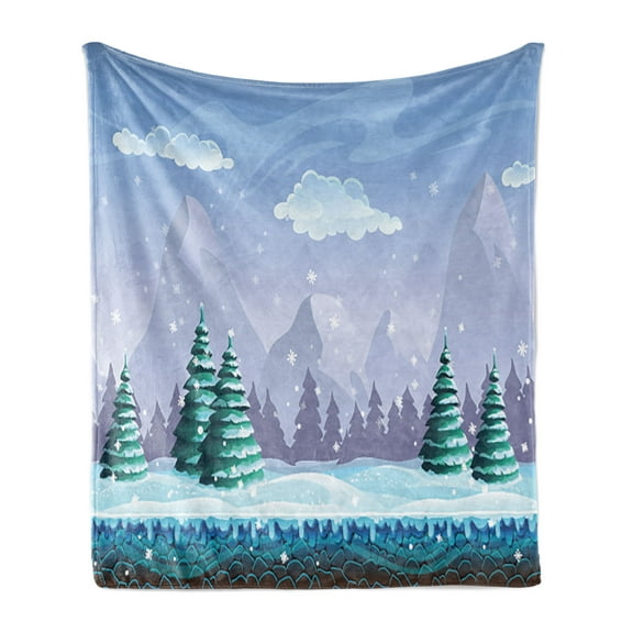 Snowy Trees Soft Flannel Fleece Throw Blanket, Illustration of Horizontally Designed Hills Mountains Clouds and Pine Trees, Cozy Plush for Indoor and Outdoor Use, 70" x 90", Multicolor, by Ambesonne