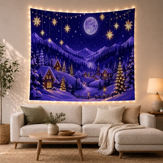 Snowy Village Beneath a Full Moon, Cozy Illustration for Winter Decor Lovers, Mountain Night Wall Art, Christmas Gift Tapestry Wall Hanging for Bedroom and Living Room