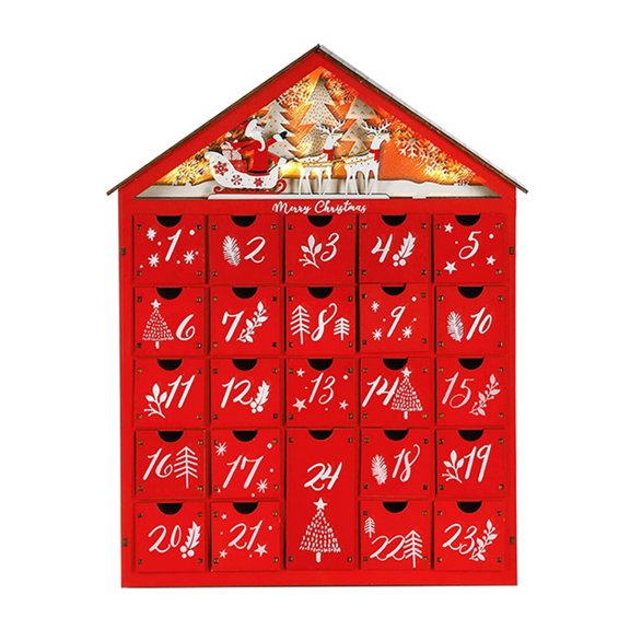 Snowy Village Christmas Red Wooden Advent Calendar House with LED Light 24 Storage Drawers Xmas Countdown Candy Organizer Holiday Decoration