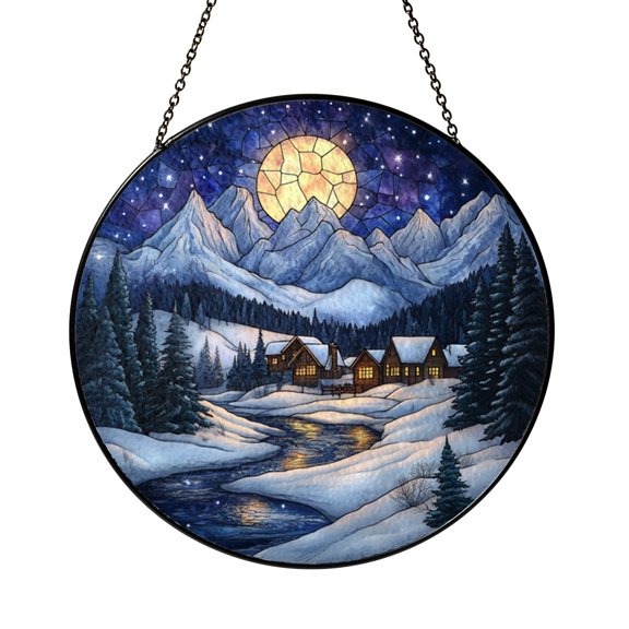Snowy Village Landscape Window Suncatcher Hanging Decor, Stained Glass Style Winter Mountain Decorative Panel Art for Window Decoration Rustic Home Decor