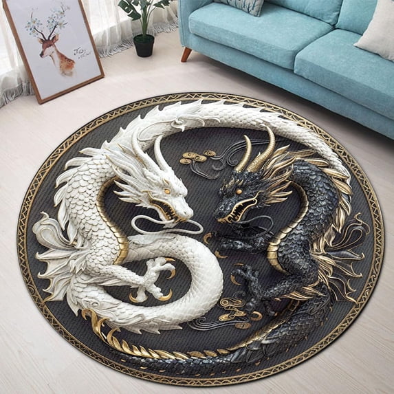 Snowy Village Round Area Rug, winter scene circle carpet for living room or holiday entryway, soft washable non-slip floor mat, cozy Christmas décor accent