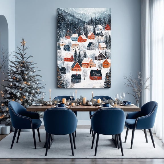 Snowy Village Scene Wall Art Winter Countryside Landscape Print Winter Festive Wall Decor Rustic Festive Poster Ready to Hang, Unframed Canvas Size 24x36