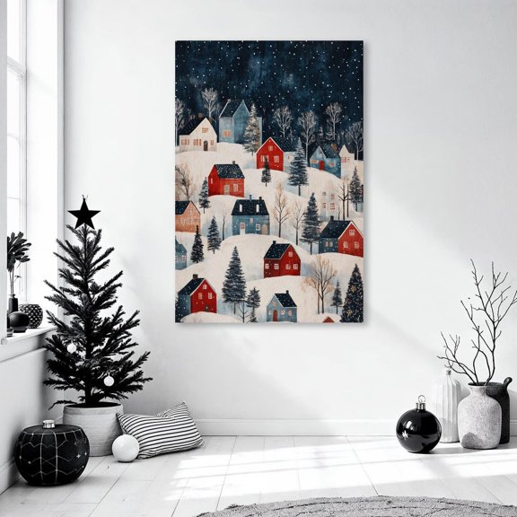 Snowy Village Scene Wall Art Winter Hilly Countryside Print Cottages and Winter Festive Tree Poster Rustic Decor Ready to Hang, Unframed Canvas Size 24x36