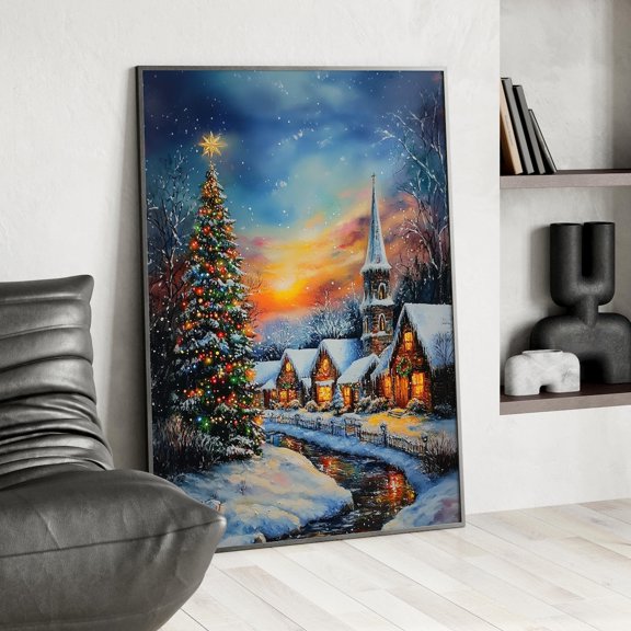 Snowy Village Sunset Cottages Wall Art, Whimsical Winter Decor, Unframed Canvas Size 12x18