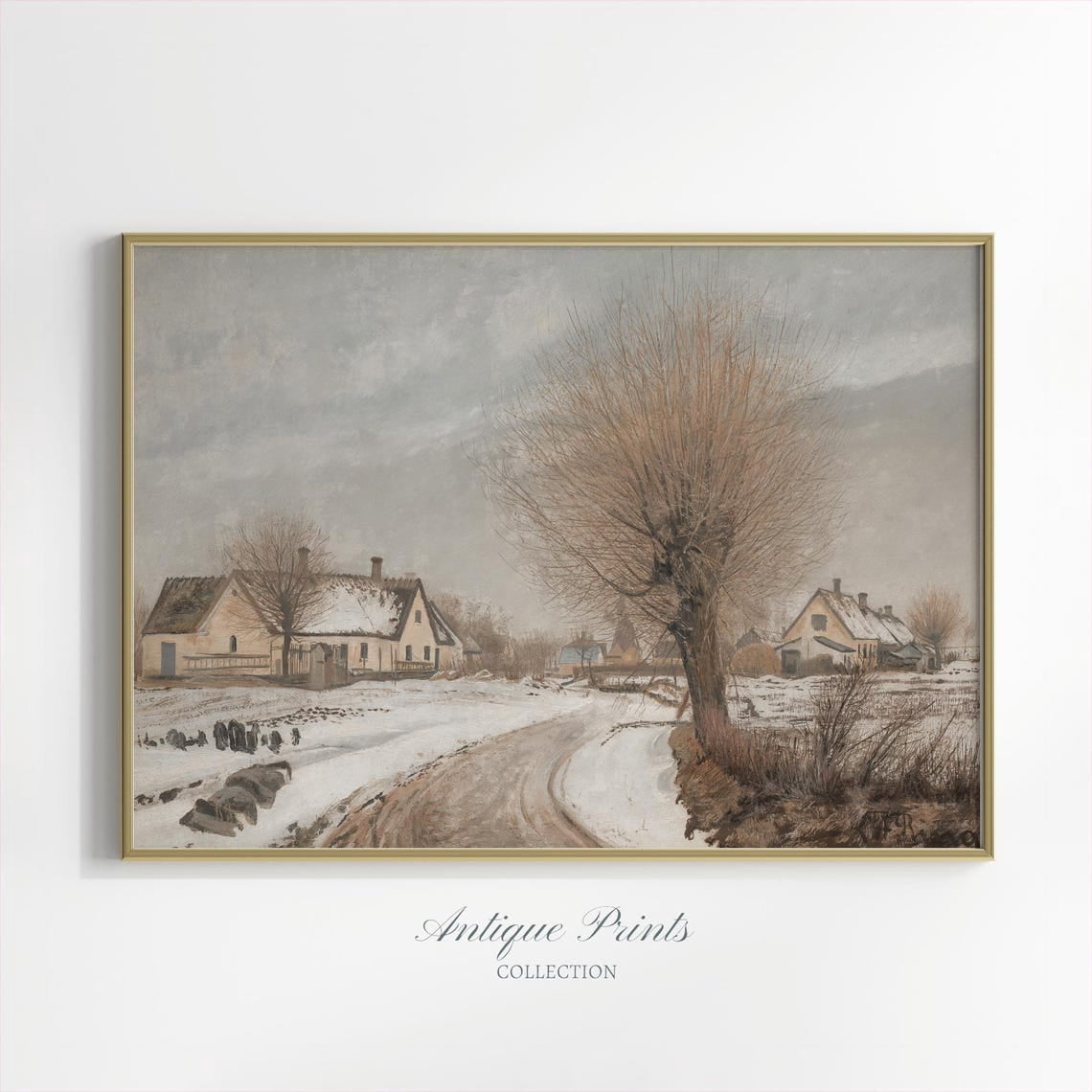 Snowy Village Vintage Wall Art Print, Winter Theme Landscape, Country ...
