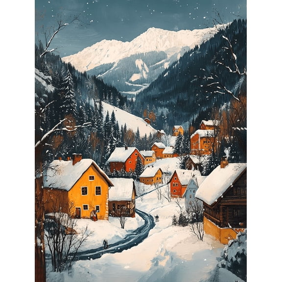 Snowy Village Winter Landscape Canvas Painting Suitable for Living Roomand Restaurant Decoration.