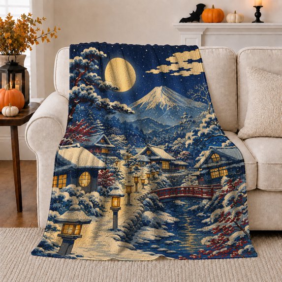 Snowy Village beneath Gold Moon, Peaceful Japanese Style for Winter Landscape Lovers, Lantern Bridge Night Scene and Christmas Gift, Cozy Flannel Blanket for Cabin and Guest Room, Home Decor