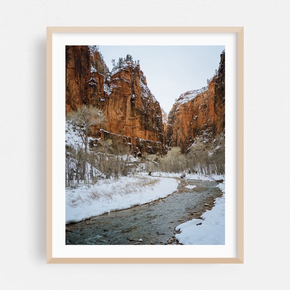 Snowy Virgin River, Zion - Utah Photography Winter Nature Landscape Desert Scenic Snow Mountain Oak Framed Wall Art Print 6 x 8 inches