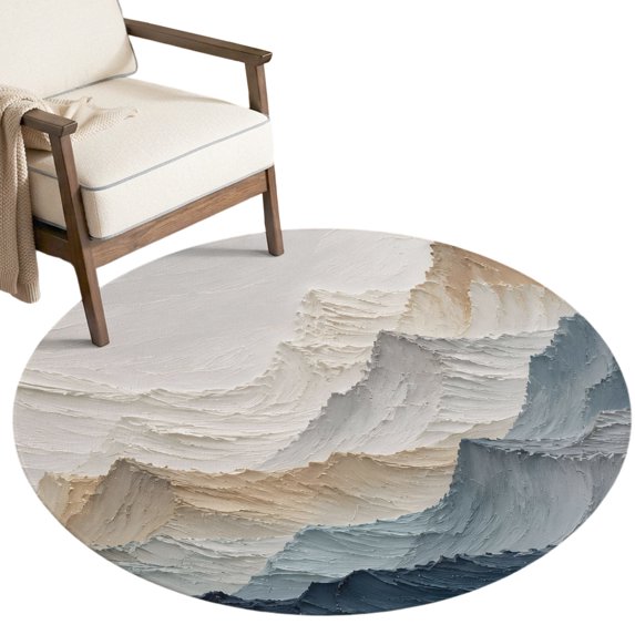 Snowy White Peaks Washable Round Area Rug 7 ft, Modern Abstract Blue Beige Mountain Landscape Soft Non‑Slip Rugs Stain Repellent Indoor Mats for Large Living Room, Dining‑Room, Open‑Plan Space