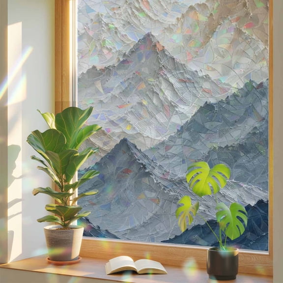 Snowy White Peaks Window Privacy Film, Modern Abstract Blue Beige Mountain Landscape Static Cling Stained Glass Window Sticker Decorative Removable Rainbow Film for Glass 17.7”x39.3”