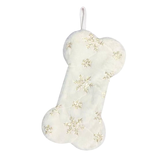 Snowy White Plush Pet Dog Christmas Stocking, Silver Snowflake Sequin Dog Christmas Stockings Large Bone Shape Faux Fur, Hanging Christmas Holiday Season Party Decor for Pets Dogs, 16in