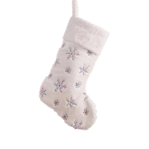 Snowy White Sherpa Fleece Snowflake Christmas Stocking, Large Plush Stocking with Embroidered Snowflake, Luxury Farmhouse Xmas Stocking for Family Kids, Fireplace Mantel Holiday Xmas Decor