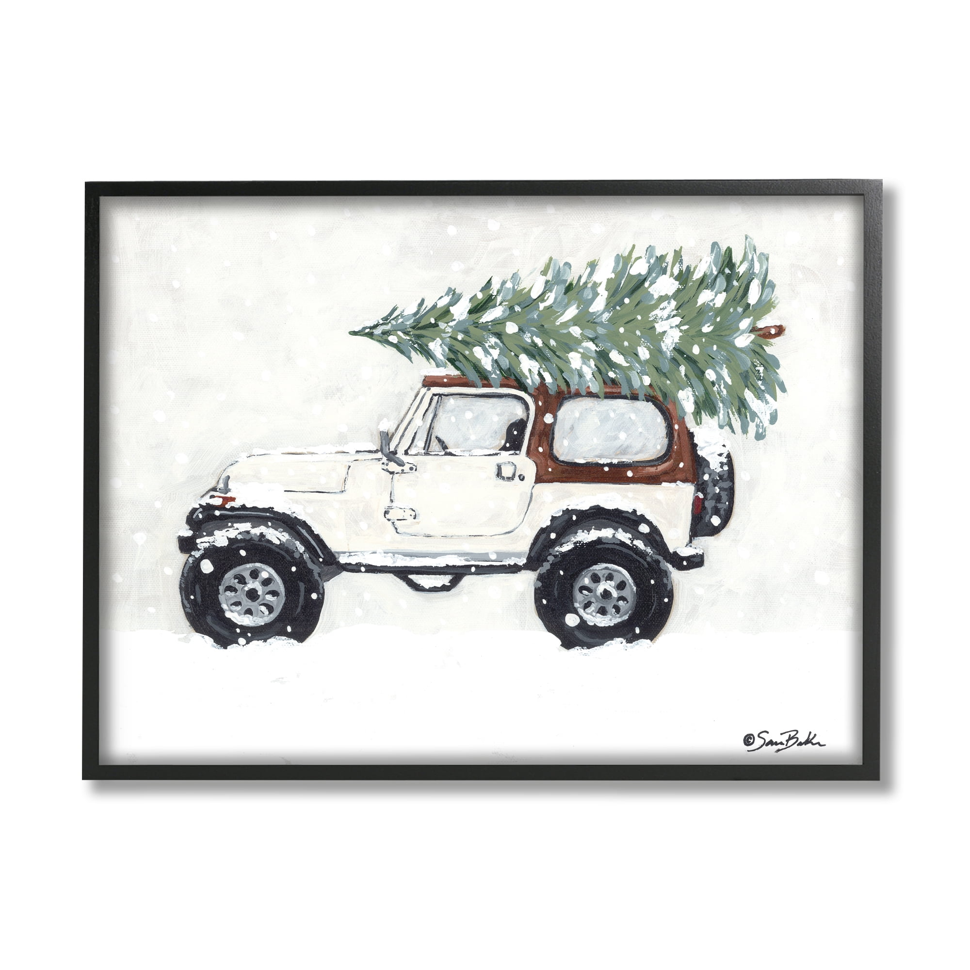 Snowy White Truck Carrying Fresh Christmas Tree Transportation Painting Framed Art Print Wall Art