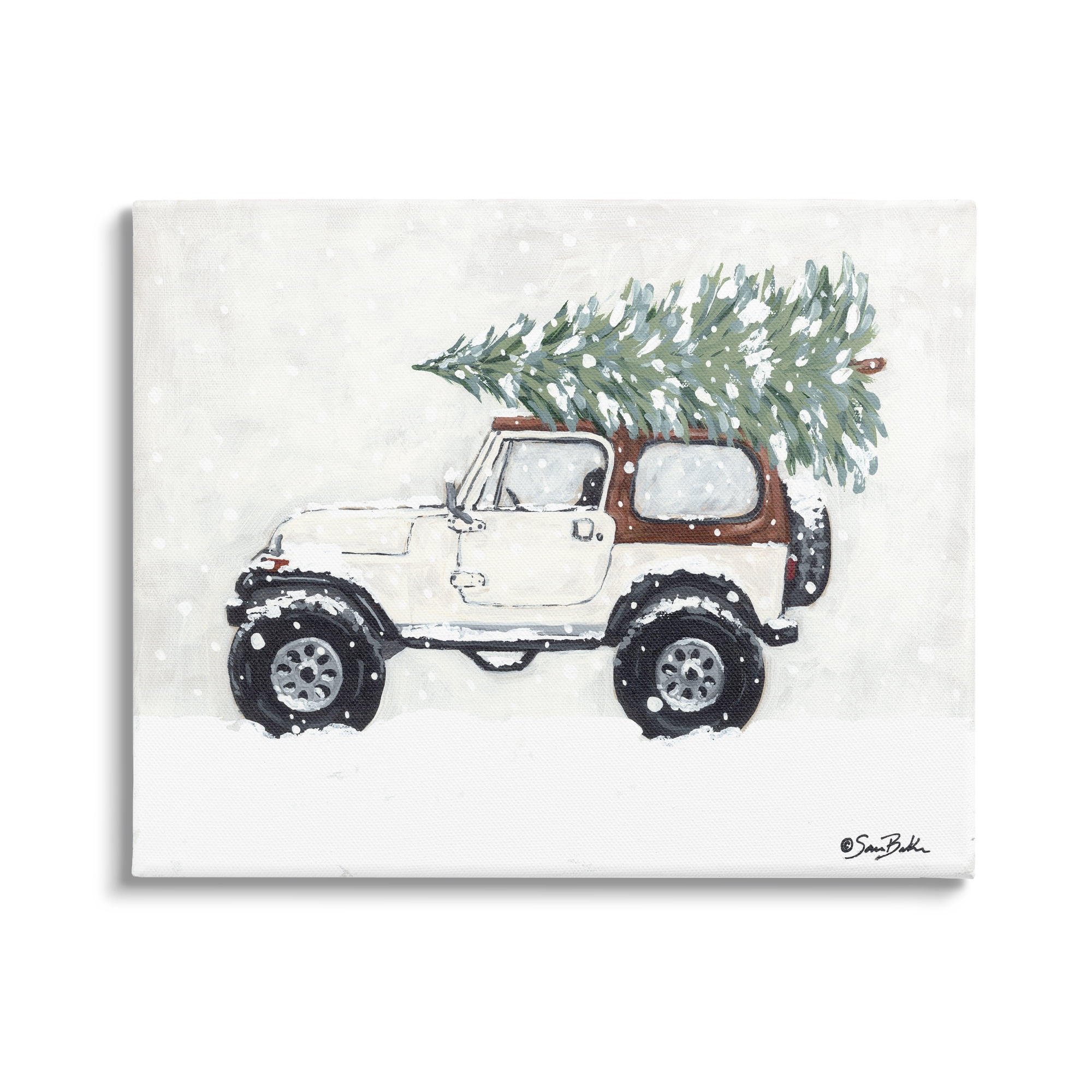 Snowy White Truck Carrying Fresh Christmas Tree Transportation Painting Gallery-Wrapped Canvas Print Wall Art
