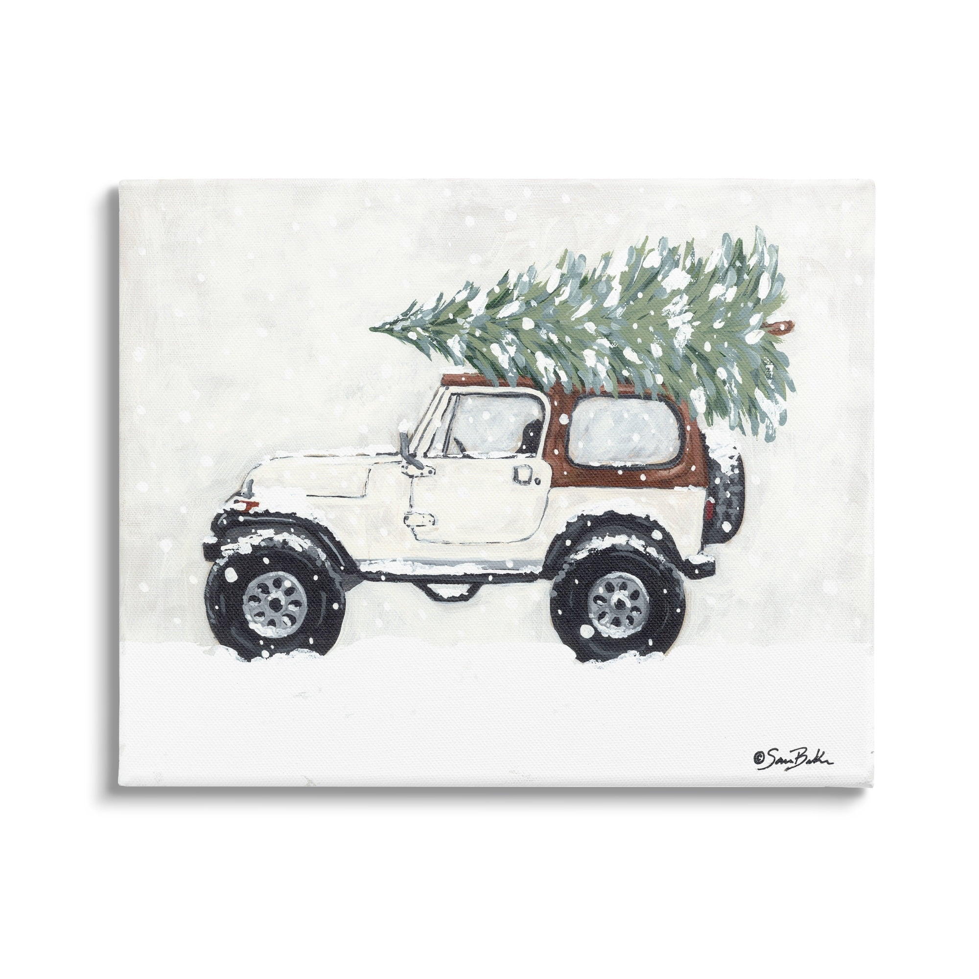 Snowy White Truck Carrying Fresh Christmas Tree Transportation Painting Gallery-Wrapped Canvas Print Wall Art