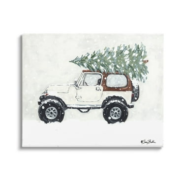 Snowy White Truck Carrying Fresh Christmas Tree Transportation Painting Gallery-Wrapped Canvas Print Wall Art