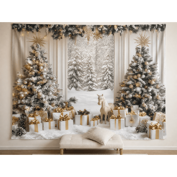 Snowy White and Gold Christmas Trees Backdrop