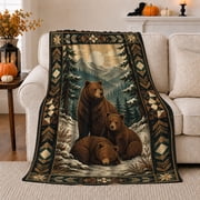 Snowy Wilderness Brown Bear Family Forest Moonlight Realistic, Peaceful Mountain Lake Scene, Warm Flannel Blanket for Cabin and Lodge, Outdoor Lovers Friendship Gift, Artistic Home Decor
