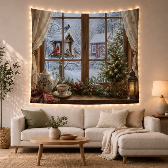 Snowy Window With Cardinal, Blue Jay and Teapot, Cozy Farmhouse for Bird Lovers, Bird Wall Art, Christmas Gift, Tapestry Wall Hanging for Kitchen and Living Room