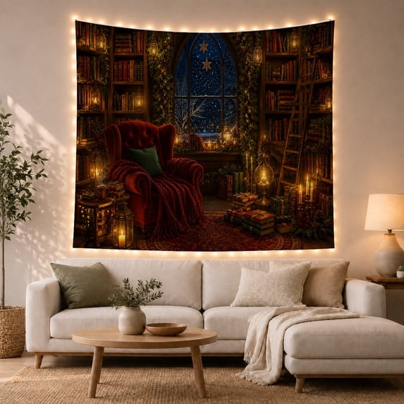 Snowy Window Library Study with Books, Cozy Fantasy for Book Lovers, Enchanted Library Decor, Housewarming Gift Tapestry Wall Hanging for Bedroom and Living Room