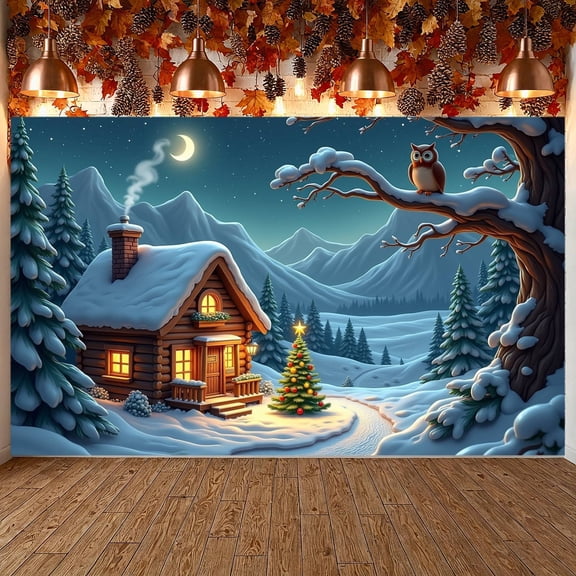 Snowy Winter Banner Moonlit Night Scene Backdrop Wooden Cabin Pine Tree Mountain Display for Winter Party Christmas Decoration Photo Backdrop