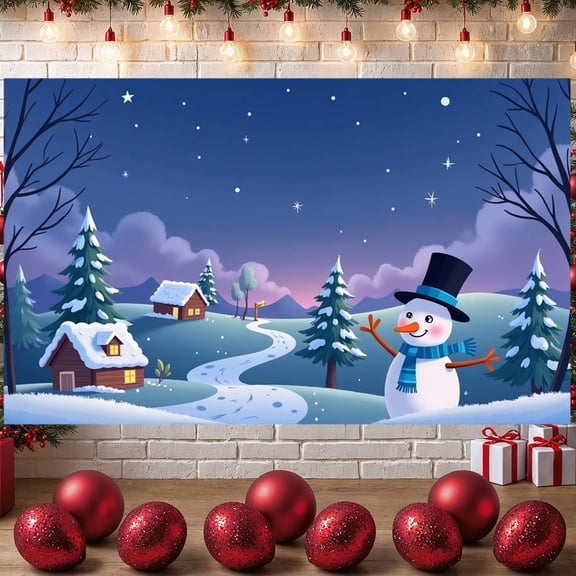 Snowy Winter Banner Starry Night Snow Scene Display Snowman Pine Tree Christmas Backdrop for Winter Party Christmas Celebration Holiday Decoration