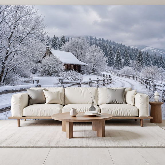 Snowy Winter Cabin Landscape Wallpaper Frosted Trees Mountain Forest Serene Peel and Stick Wall Murals 69"H x 96"W Removable PVC Wall Paper Self-Adhesive Wall Decor for Bedroom Living Room