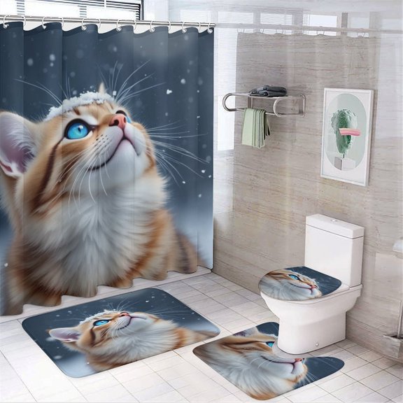 Snowy Winter Cat Shower Curtain Bathroom Sets Toilet Lid Rug, Bath Mat And Contour Mat, Shower Curtain 4Pcs