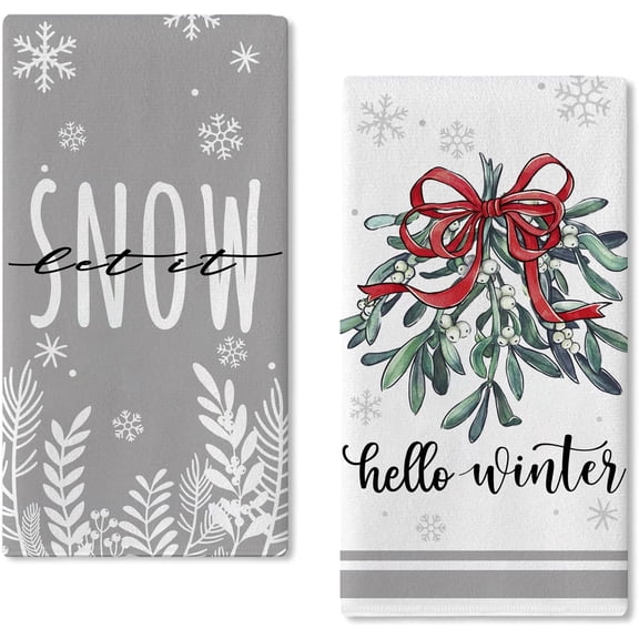 Snowy Winter Farmhouse Kitchen Dish Towel, Let It Snow Sign Tea Bar Hand Drying Baking Cloth, Seasonal Pine Trees Black White Buffalo Plaid Check Decor Home Decorations 18” x 26” 2 Packs