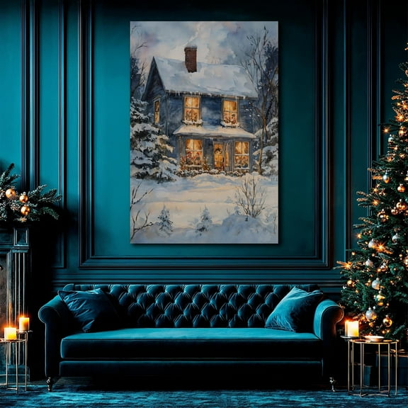 Snowy Winter Festive Cottage Wall Art Festive Winter Wonderland Print Cozy House Poster Festive Decor Seasonal Decor Gift Ready to Hang, Stretched Canvas Size 12x18