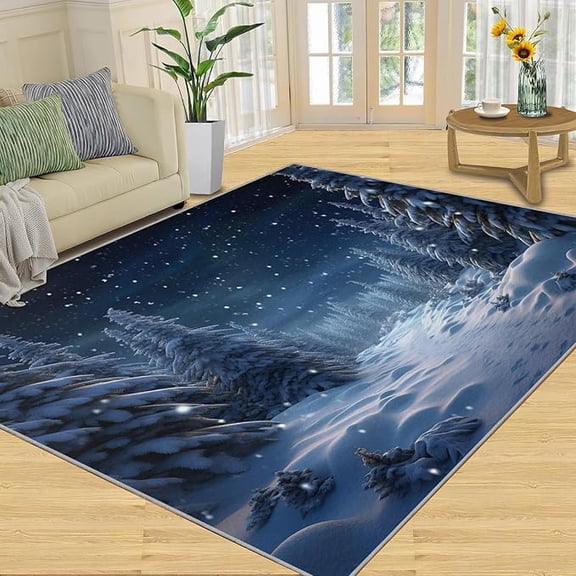 Snowy Winter Forest Area Rug, Snow-Covered Pine Trees Rugs for Bedroom Starry Night Rugs for Living Room, Machine Washable Breathable Durable Carpet for Front Entrance Floor Decor 4 x 6ft