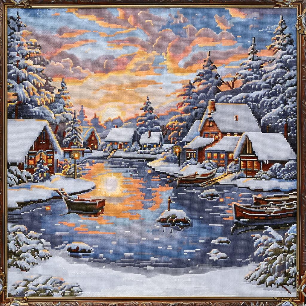 Stich Fall Drawing Snowy Winter Landscape Sunset River DIY 11CT Stamped Cross Stitch Kits ...