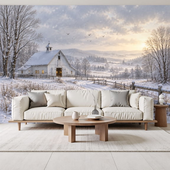 Snowy Winter Landscape Wallpaper Rustic White Barn Frosted Trees Peel and Stick Wall Murals 69"H x 96"W Removable PVC Wall Paper Self-Adhesive Wall Decor for Bedroom Living Room