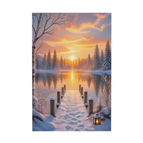 Snowy Winter Landscape Wooden Bridge Sunset Lake Canvas Wall Art For Living Room Bedroom 20x30 in
