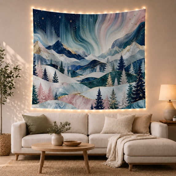 Snowy Winter Mountains Under an Aurora Sky, Dreamy Fantasy for Nature Lovers, Evergreen Forest Decor, Christmas Gift, Tapestry Wall Hanging for Bedroom and Dorm