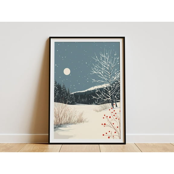 Snowy Winter Night Forest Poster Frosty Meadow Art Print Winter Wonderland Wall Decor Moonlit Landscape Cozy Home Decor Snow Covered Trees - Poster Unframed