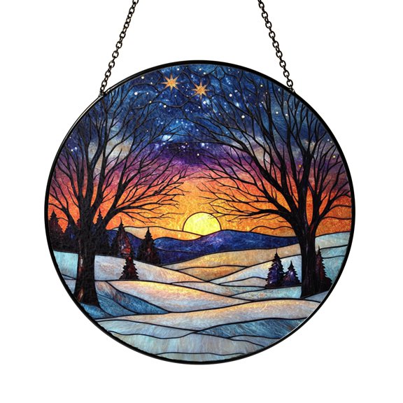 Snowy Winter Scene Window Hanging – Stained Glass Style Art